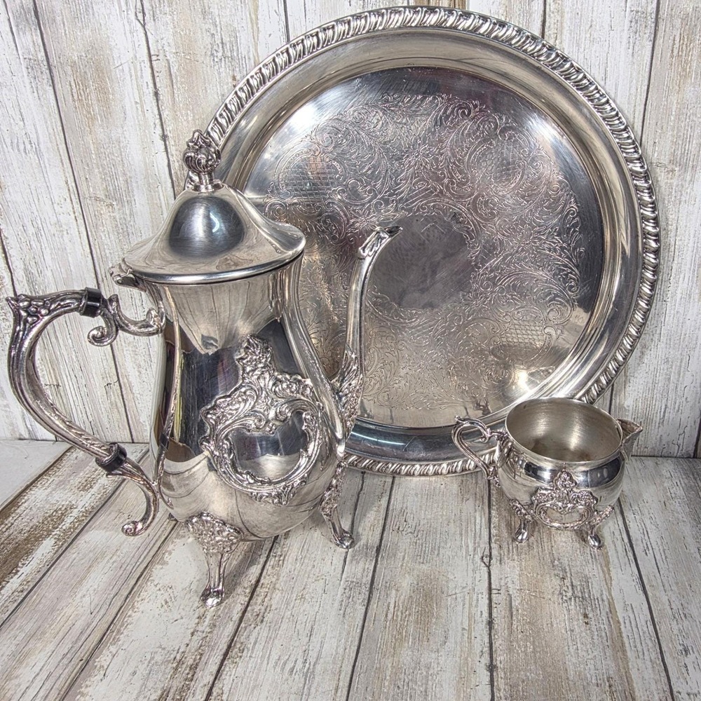 Leonard Silver Plated Tea Set 3pc Ornate Teapot Creamer and Etched Serving Tray - Picture 3 of 16
